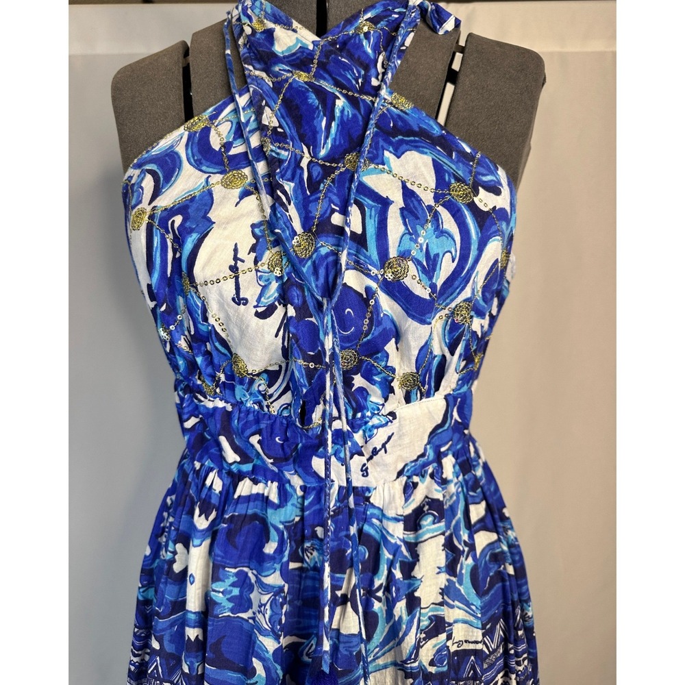 NWT ANTICA SARTORIA Blue White Printed Halter Maxi Dress One Size - Picture 4 of 11